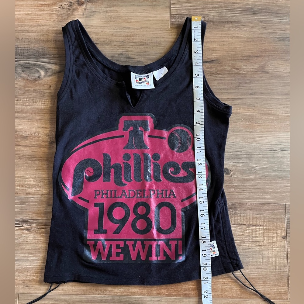 Y2K Cooperstown Phillies Black Tank Top with Dark Red Phillies 1980 Graphic Sm